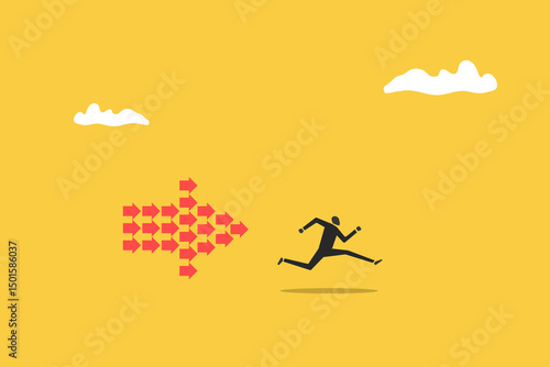 Businessman running forward with arrow. concept of Moving forward,  success, ambition, motivation, and target