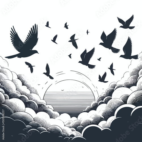 a flock of birds flying freely in white clouds