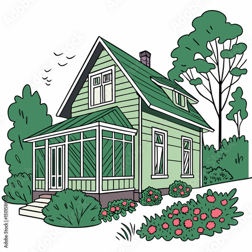 Charming green house with porch and lush garden
