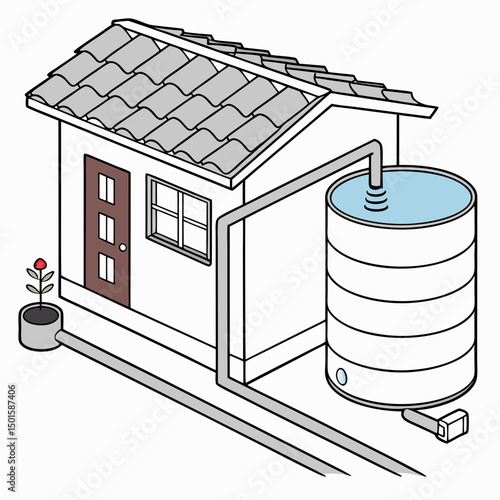 House with rainwater harvesting system illustration