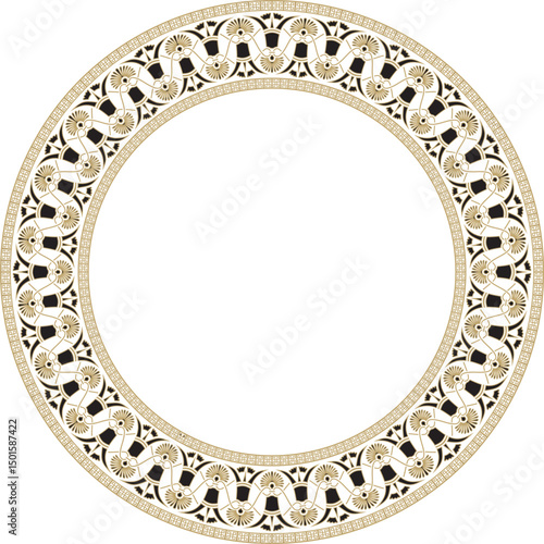 Vector gold with black classic Greek round ornament. Circle of Ancient Greece and the Roman Empire. Byzantine painting of walls, floors and ceilings. Decoration of European palaces.
