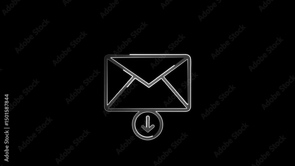 Email message letter symbol. Glowing message icon with download symbol animation on black background. Email message letter symbol. Glowing message icon with download symbol animation on black background.