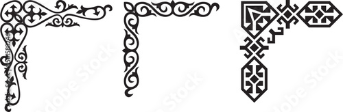Vector Kazakh black monochrome national ornament, Ethnic pattern of the Turkic peoples. Drawing of nomads. Yurt decoration. Frame, vignette of the page.
