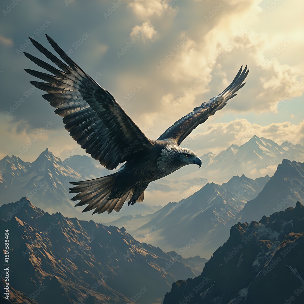 Fototapeta premium A majestic eagle is captured in flight against a backdrop of snow-capped mountains and a dramatic sky, with the eagle's wings spread wide.