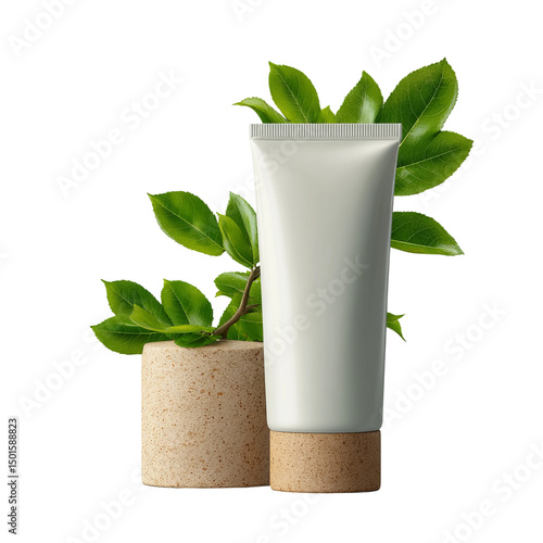 A minimalist beauty product presentation with fresh leaves and a natural cork podium