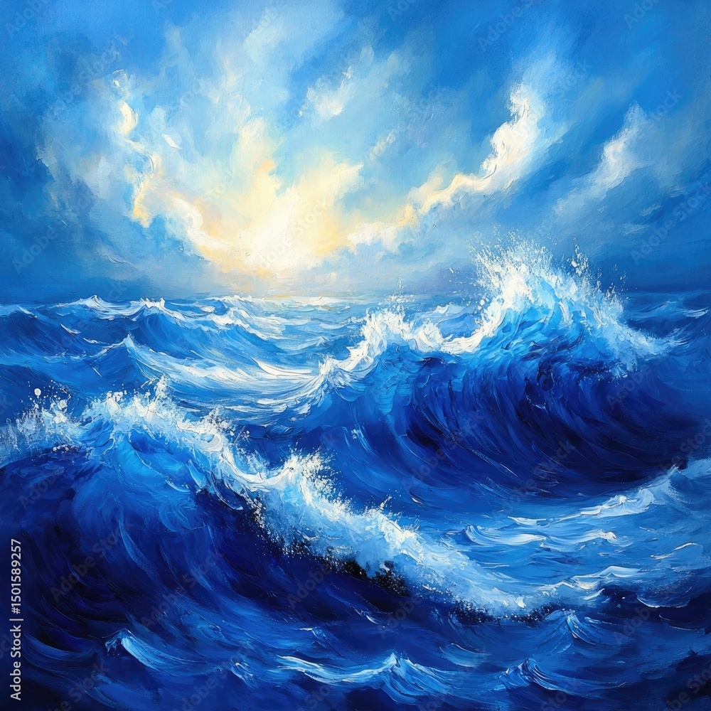 Vast ocean waves under a dramatic sky. Sunrise or sunset light illuminates the horizon. A powerful, dynamic scene Vast ocean waves under a dramatic sky. Sunrise or sunset light illuminates the horizon. A powerful, dynamic scene
