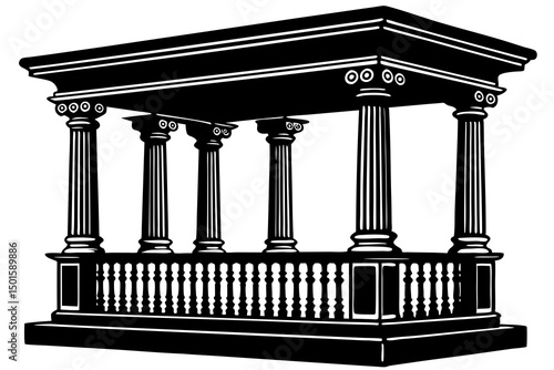 Highly Detailed Black and White Illustration of an Ornate Ancient Greek Temple Featuring Neoclassical Style with Columnar Facade, Ionic Columns, Pediment, Bas Relief Carvings, Intricate Decorative Ele