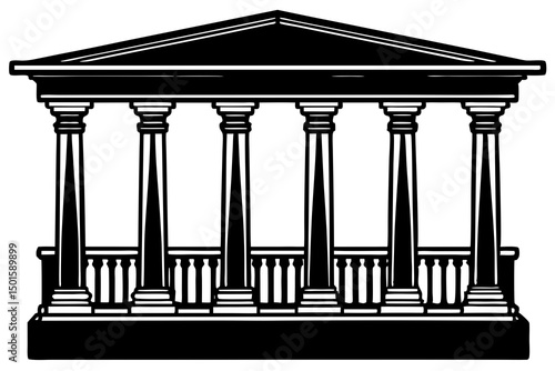 Highly Detailed Black and White Illustration of an Ornate Ancient Greek Temple Featuring Neoclassical Style with Columnar Facade, Ionic Columns, Pediment, Bas Relief Carvings, Intricate Decorative Ele
