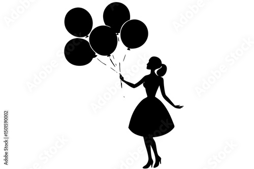 Minimalist Black and White Detailed Line Drawing of a Silhouette of a Woman Holding Black Balloons, Standing Outdoors with Clean and Elegant Design, Simple yet Expressive Composition