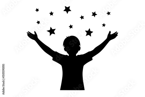 Minimalist Black and White Digital Art Illustration Featuring a Silhouette of a Person Reaching Up Towards Stars, Simple Geometric Design with Clean Modern Style and Inspirational Concept