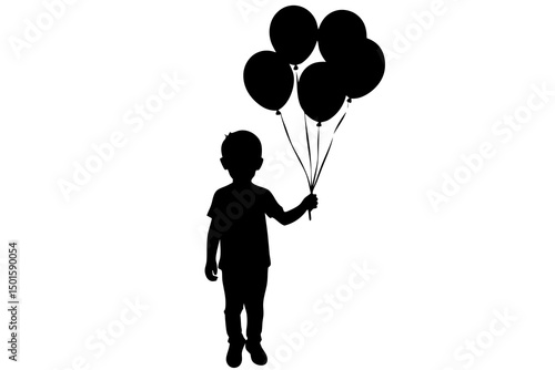 Minimalist High-Contrast Black and White Silhouette of a Young Child Holding a Bunch of Colorful Balloons Against a Plain White Background, Whimsical and Emotive Illustration with Simple Clean Lines a