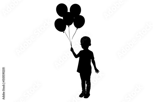 Minimalist High-Contrast Black and White Silhouette of a Young Child Holding a Bunch of Colorful Balloons Against a Plain White Background, Whimsical and Emotive Illustration with Simple Clean Lines a