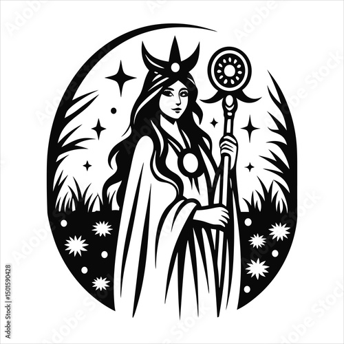 aesthetic tarot style card of witch with crescent