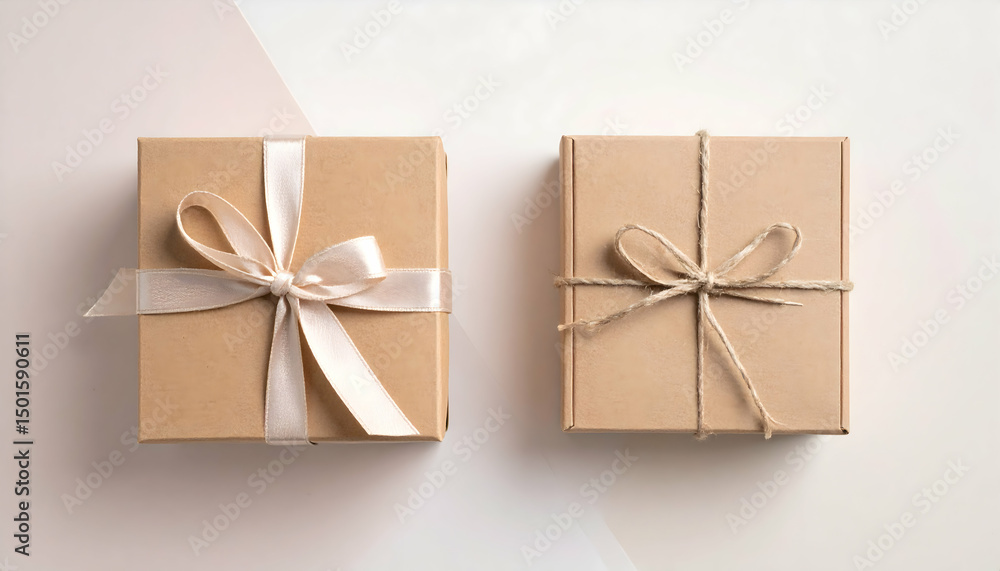 Two Brown Gift Boxes with Ribbons on Beige Background Two Brown Gift Boxes with Ribbons on Beige Background