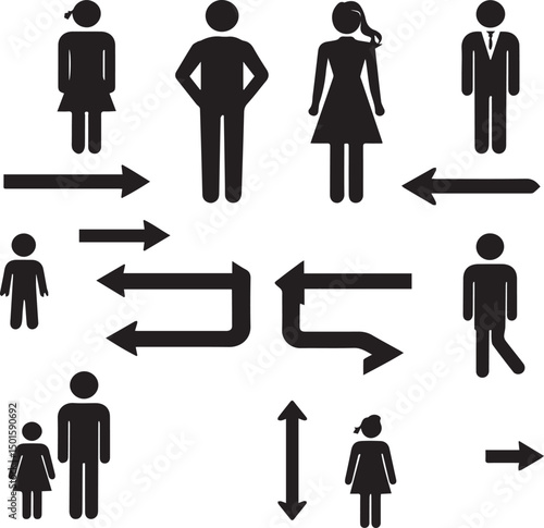 man and woman icon set collection with diverse directional markers on white background.