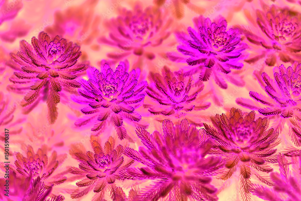 Negative photograph of Parrot's-feather or parrot feather watermilfoil (Myriophyllum aquaticum). The inversion of the natural green creates a watercolor-like illusion of multicolored blossoms. Negative photograph of Parrot's-feather or parrot feather watermilfoil (Myriophyllum aquaticum). The inversion of the natural green creates a watercolor-like illusion of multicolored blossoms.