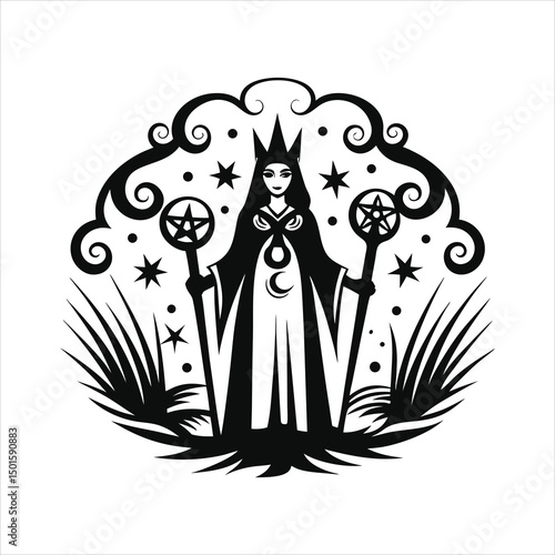 aesthetic tarot style card of witch with crescent