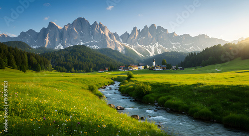 mountain landscape with lake and mountains