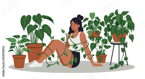 Young tanned woman among potted plants being tied stems of epipremnum vines