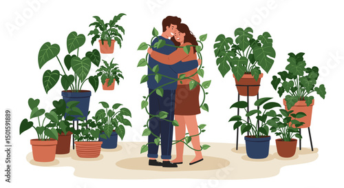 standing couple hugging in a room full of flower pots, epipremnum and monstera liana stems tying their bodies like a rope