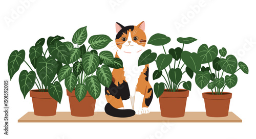 Calico cat  sitting among several potted plants on a windowsill, gently pawing at maranta and pilea leaves, isolated on white