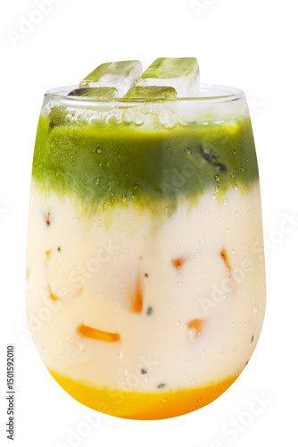 A front-facing close-up of an iced matcha latte in a transparent glass, filled with creamy milk and a rich layer of green matcha on top, separated in two distinct layers. 