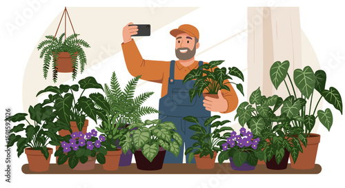 gardener man taking a selfie proudly with his lush collection of violets, ferns, and philodendrons in a sunny room