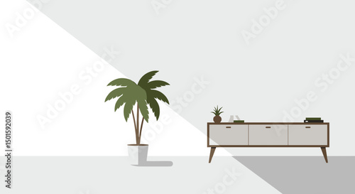 minimalistic modern living room with clean white walls, a giant palm tree in a sleek pot as a central element
