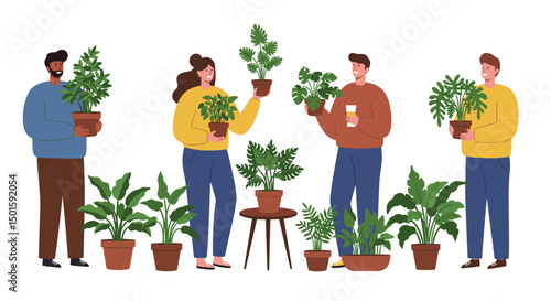 Two people choosing potted plants at the home plants yard sale  