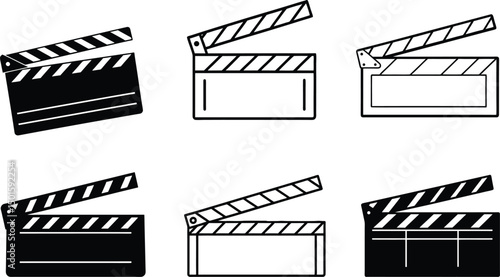 clapperboard icon silhouette, black and white movie clapperboard vector.