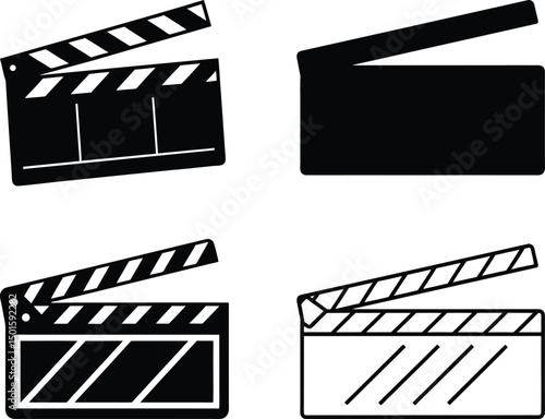 clapperboard icon silhouette, black and white movie clapperboard vector.