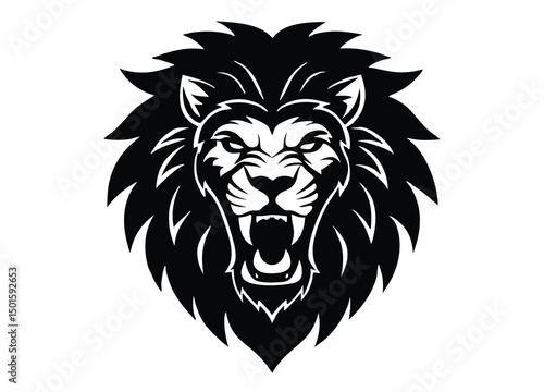 angry lion head silhouette vector, mascot head flat icon illustration.