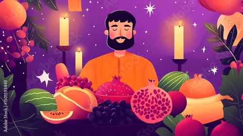 A man sits amidst a bounty of fruits and candles.