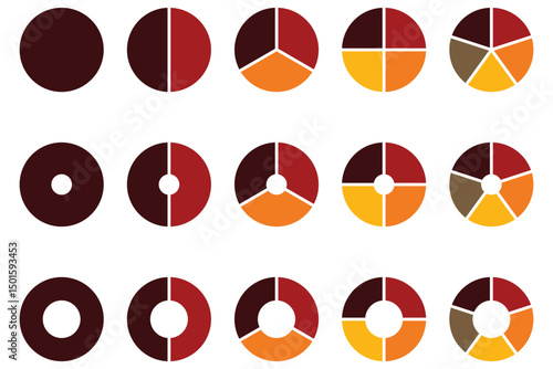 Set of pie chart graph design. Pie chart set, segmented circle icons, circle diagram with sections or parts, vector. Pie chart infographic set.