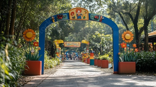Enchanted Pathway: A whimsical archway leads to a vibrant children's park