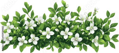 Green leafy shrub with white blooming flowers with clipping path