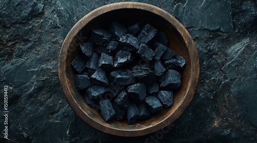 Dark Charcoal in Rustic Wooden Bowl on Black Stone Background