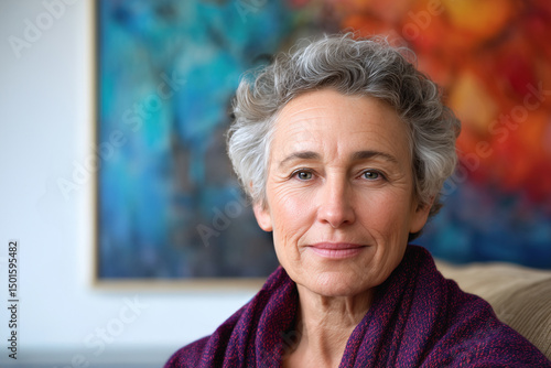 Jewish woman with short hair poses thoughtfully in a vibrant living room filled with colorful art