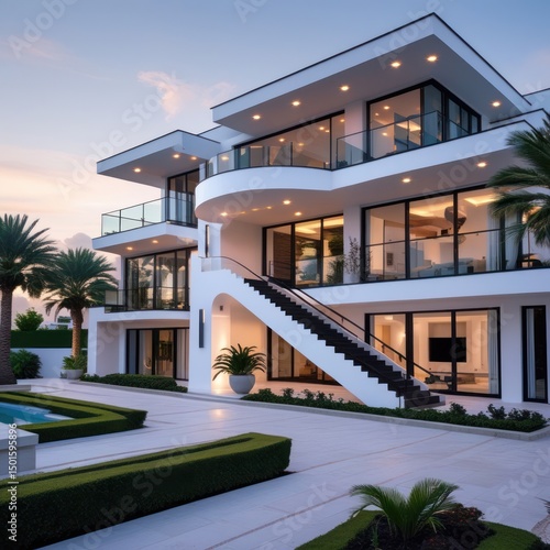 Modern luxury home at twilight.  Large white house with glass walls,  exterior stairs, and lush landscaping.  Palm trees and a pool visible in the background