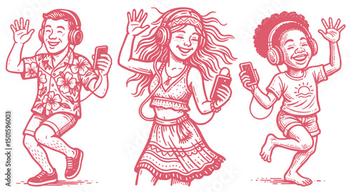Retro style vector illustration showing three people dancing joyfully. Simple line art characters in dynamic poses expressing happiness and movement, drawn in pink monochrome style 