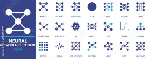 Neural network architecture icons for AI, deep learning, and machine learning visuals. Ideal for tech interfaces, presentations, apps, and data science designs.

