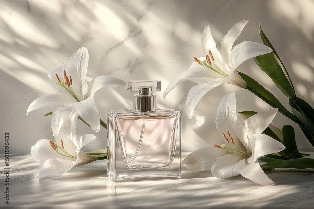 Elegant perfume bottle surrounded by lilies. Elegant perfume bottle surrounded by lilies.