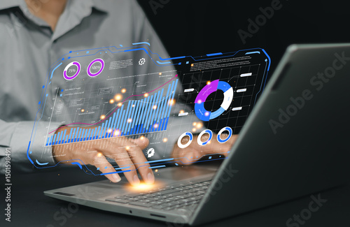 Artificial intelligence and data analysis concept. Businessman using AI-powered technology to process big data, generate insights, Futuristic digital transformation in finance and business.