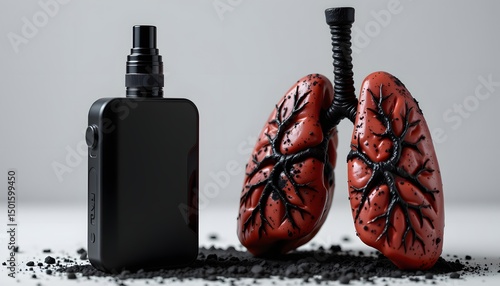 E-cigarette and Damaged Lungs: A stark image depicting the potential health consequences of vaping. A black e-cigarette stands beside a model of lungs blackened by residue.