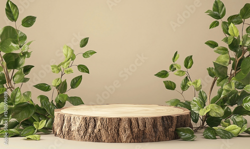 Rustic wooden platform showcasing green leafy branches against a neutral backdrop