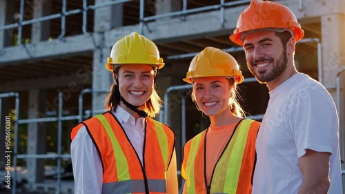 Construction team celebrating success with smiles and sunshine at building site
