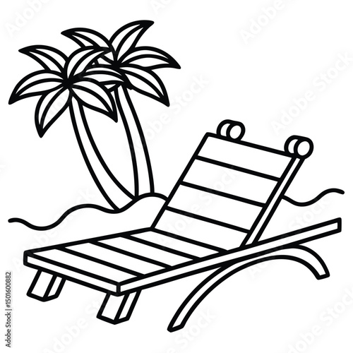 A simple line drawing of a beach scene featuring a wooden lounge chair with a slatted design and rounded ends. In the background, two palm trees with broad leaves rise beside the chair