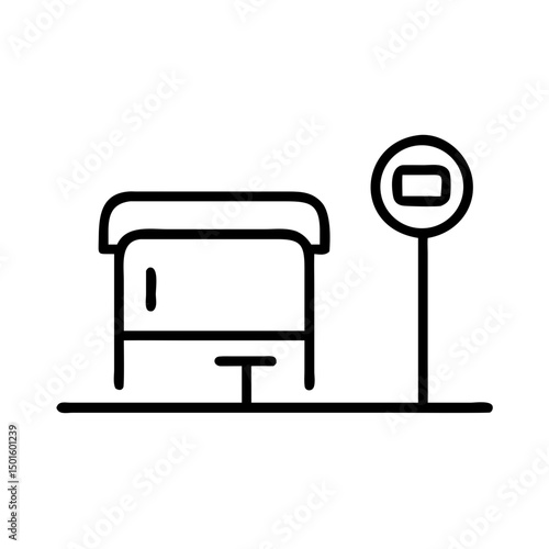 Simple bus stop icon with waiting area and sign on transparent background