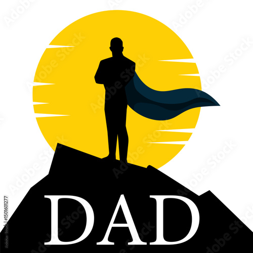 Silhouette of man super hero father on rock and sun background for Father's Day
