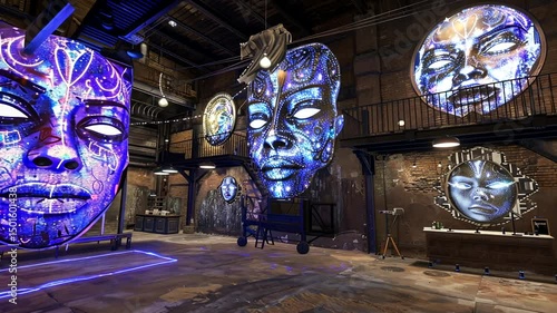 Colorful abstract face murals displayed in an industrial art gallery, showcasing vibrant creativity